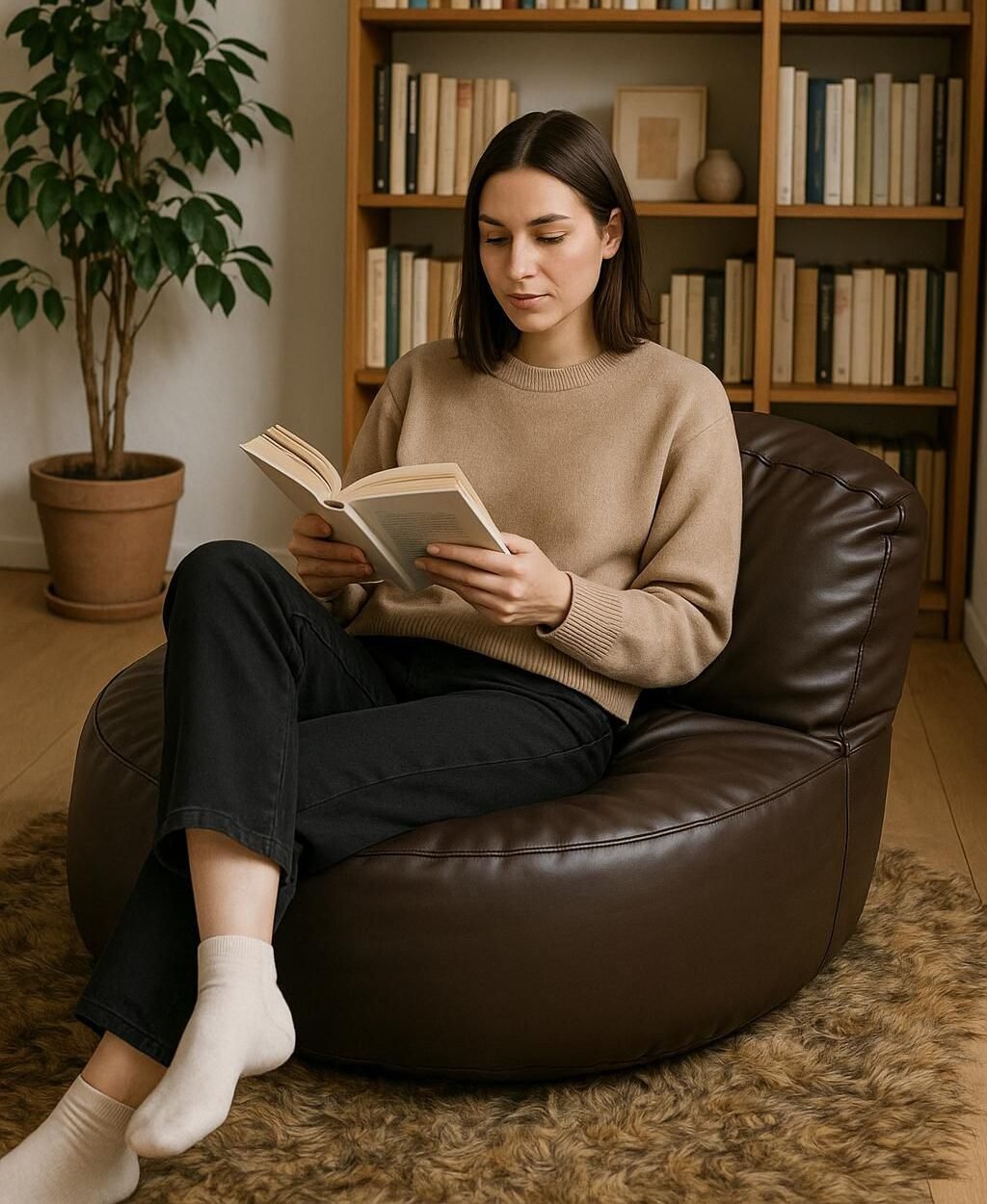 Faux Leather Lazy Sofa Bean Bag - Brown