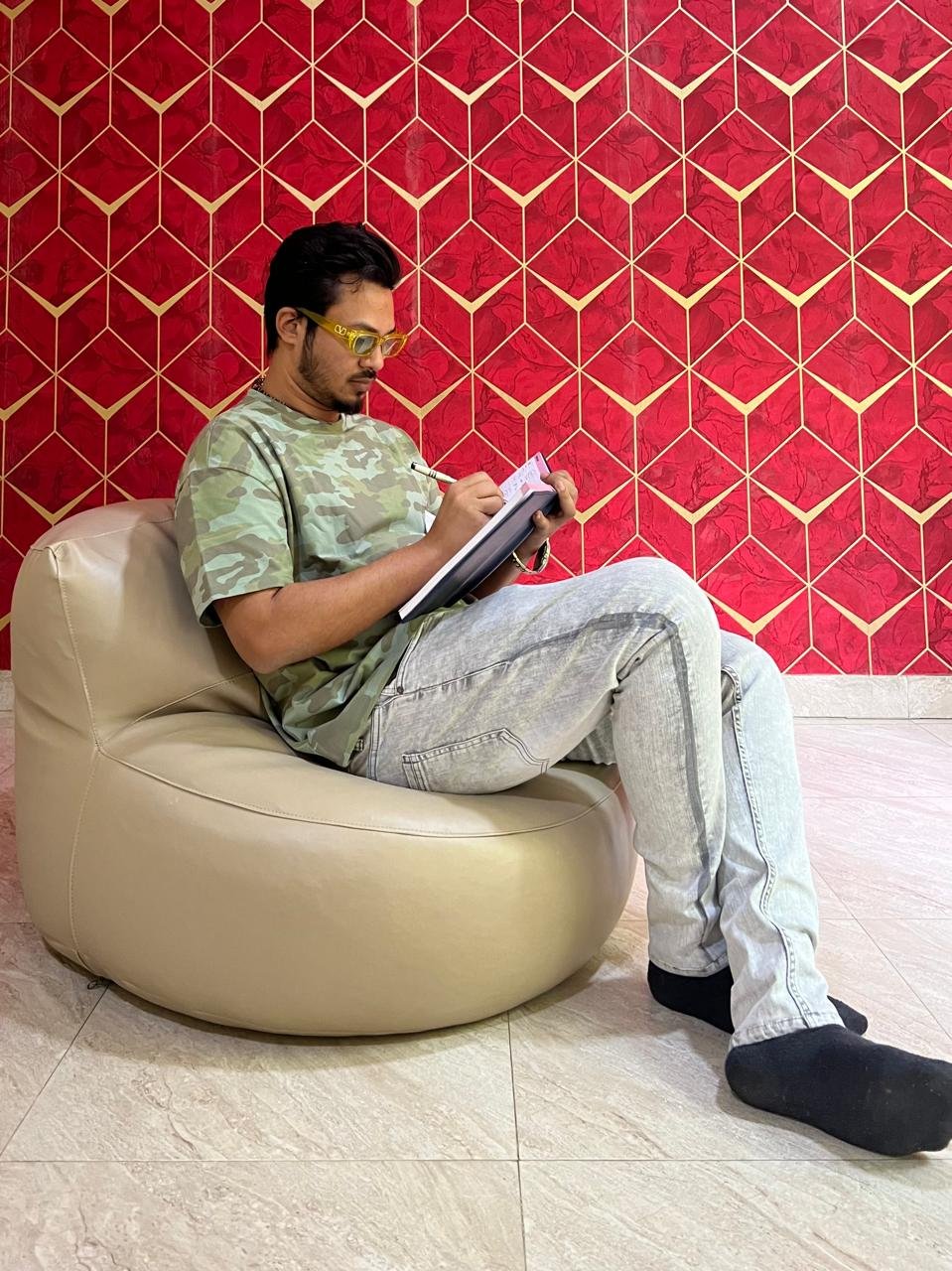 Faux Leather Lazy Sofa Bean Bag - Off White