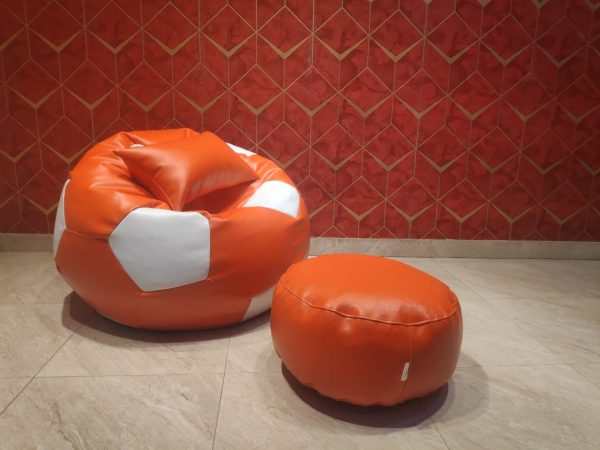 Faux Leather XxL Football Shape 3pcs Combo Bean Bag-Orange/White